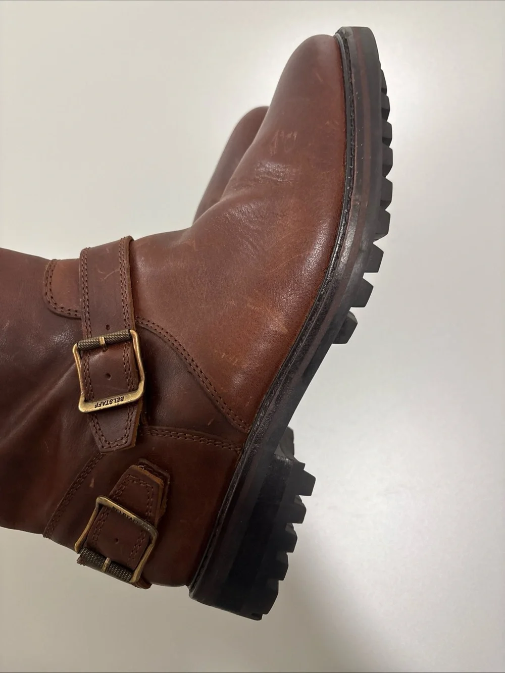 Mens Belstaff brown leather biker metal strap mid high boots size 9.5